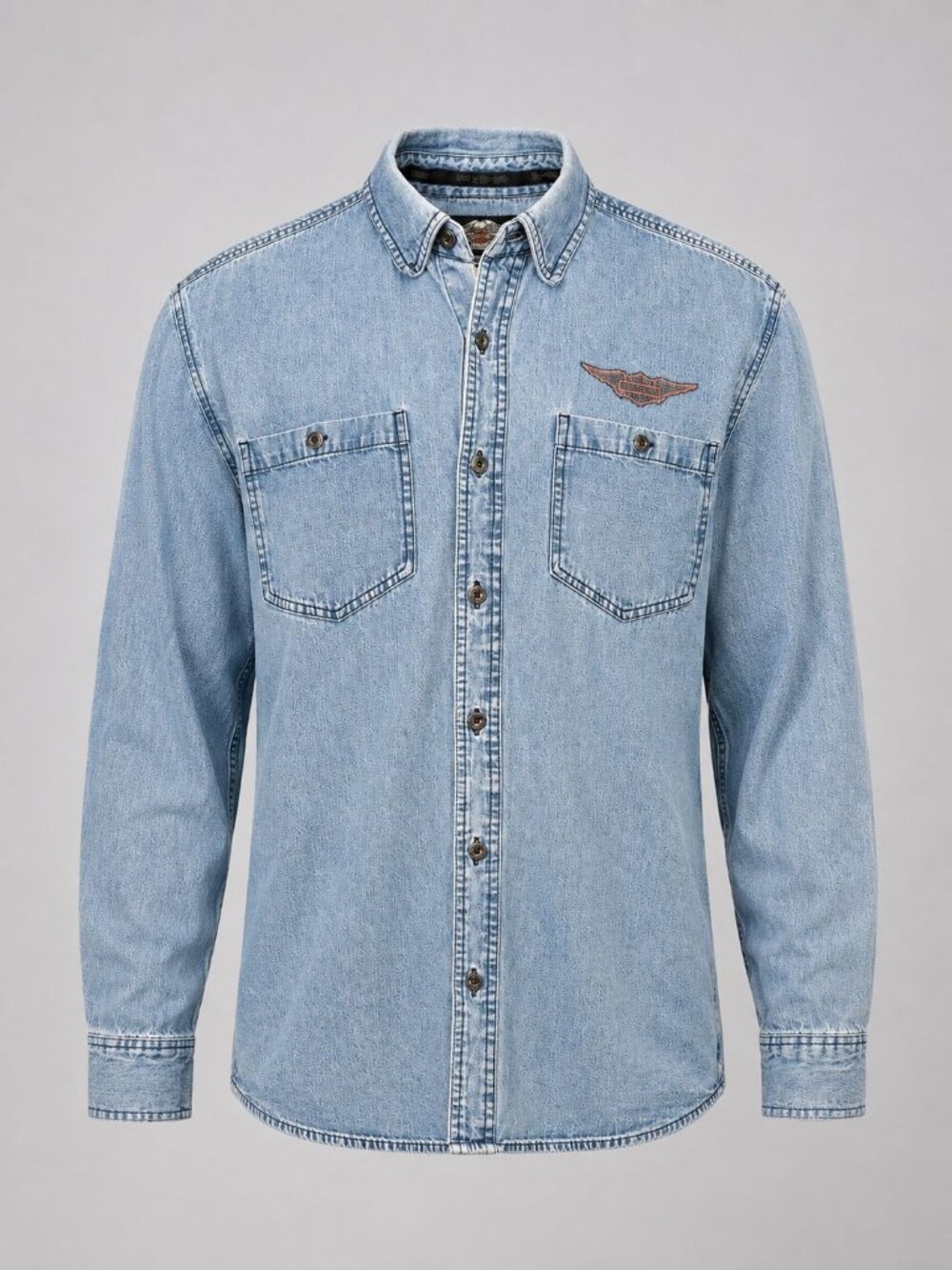 Harley-Davidson Mens Medium Denim Shirt Blue Button-Down Embroidered Long Sleeve